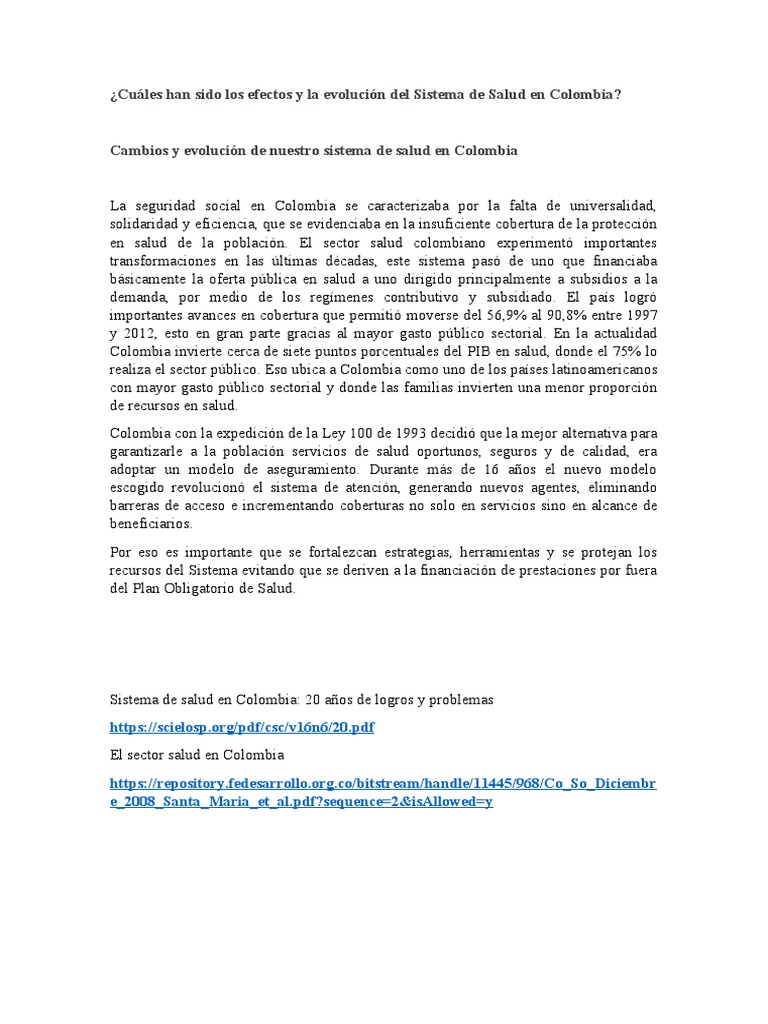Evolución del Sistema de Salud en Colombia | PDF