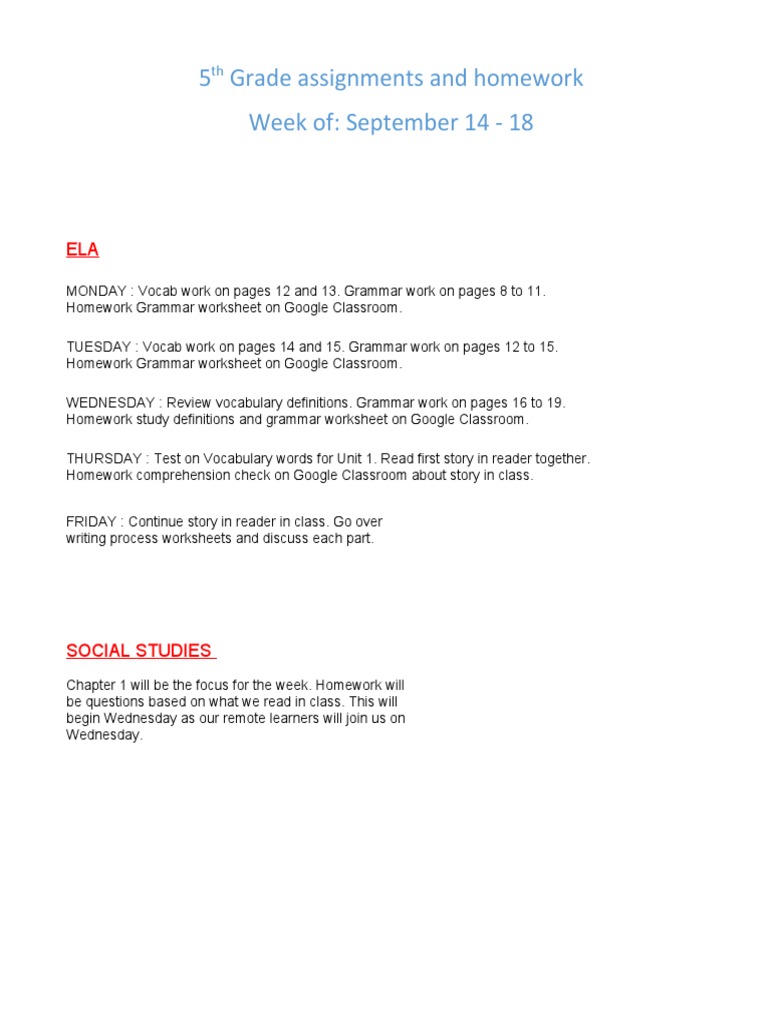 5th Grade Weekly Homework Overview | PDF | Language Arts & Discipline
