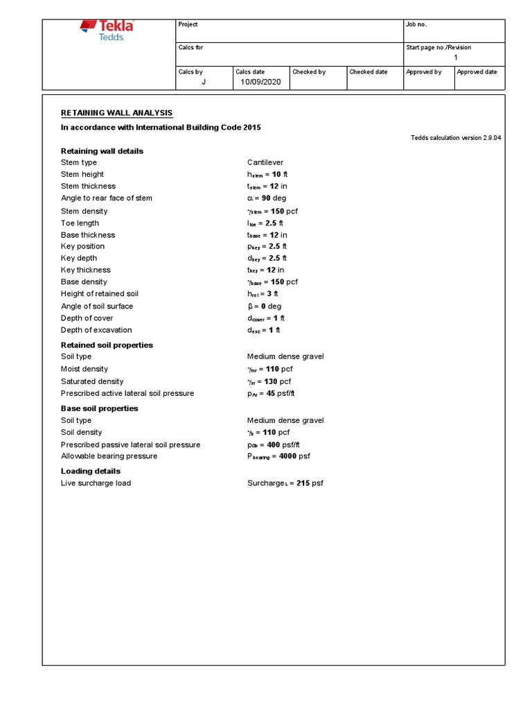Retaining Wall Analysis in Accordance With International Building Code 2015 Retaining Wall