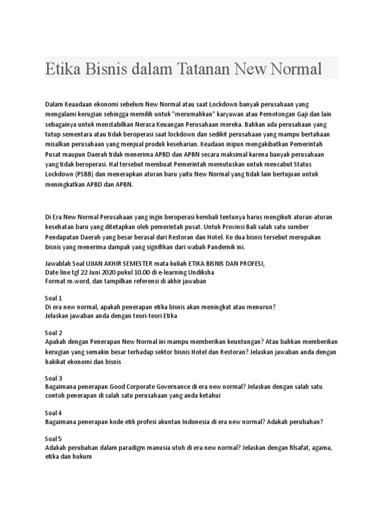 Etika Bisnis Dalam Tatanan New Normal Soal Uas