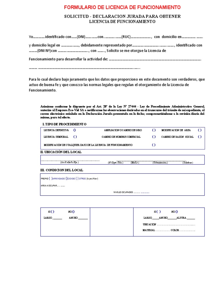 Formulario de Licencia de Funcionamiento | PDF | Información del ...
