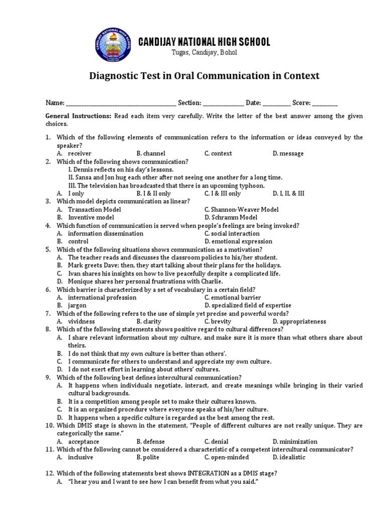 Diagnostic Test in Oral Communication in Contextshort Bond Action