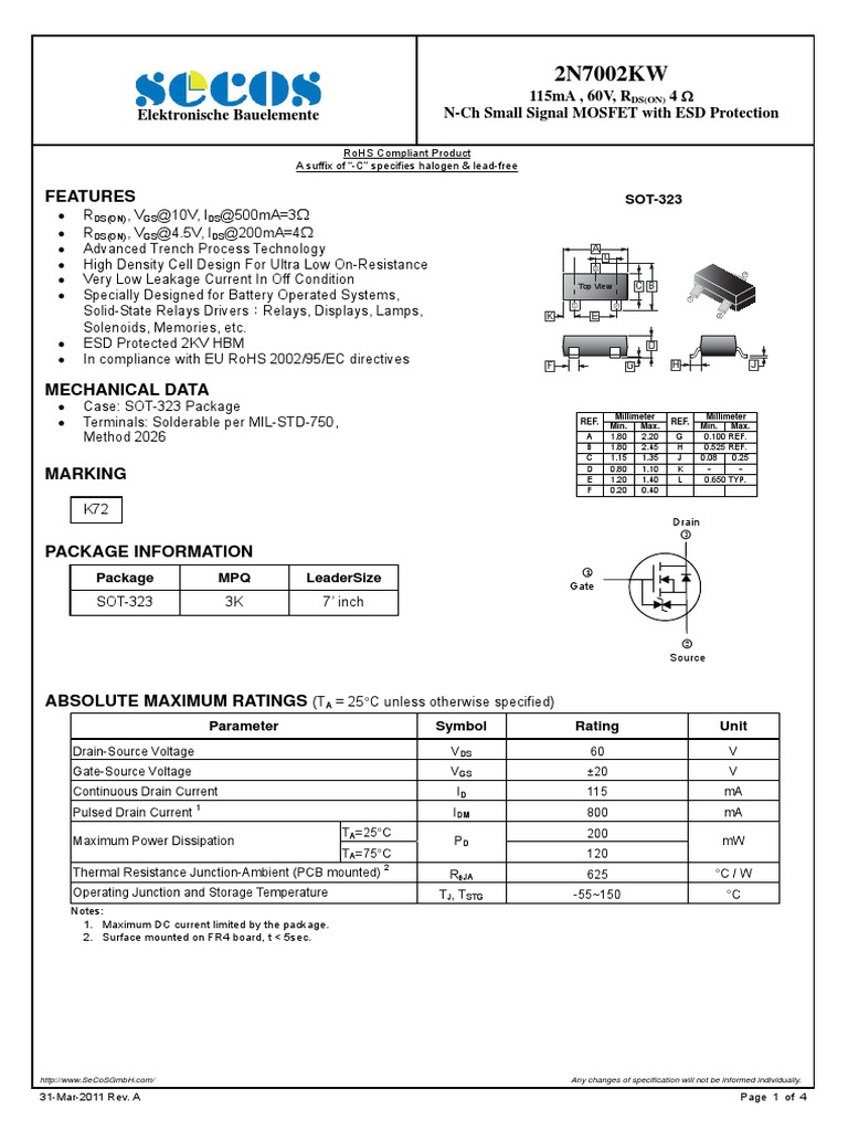 Features 115ma, 60V, R 4 NCH Small Signal MOSFET With ESD Protection