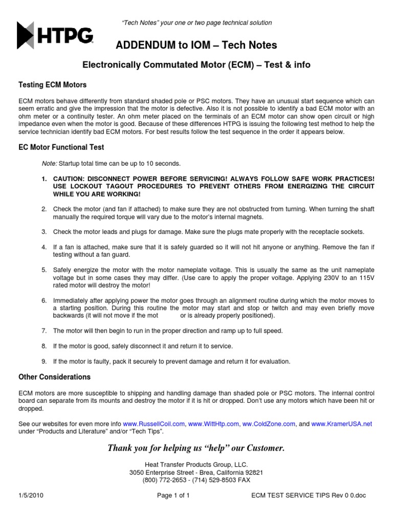 ADDENDUM To IOM - Tech Notes: Electronically Commutated Motor (ECM ...