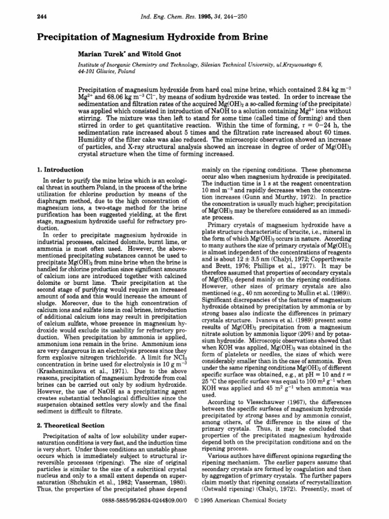 Precipitation Of Magnesium Hydroxide From Brine Magnesium Hydroxide