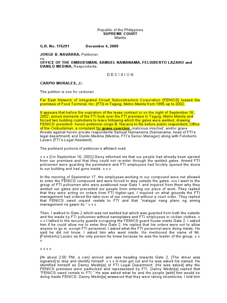 Lessor Guilty of Grave Coercion Navarra Vs Ombudsman PDF Lease