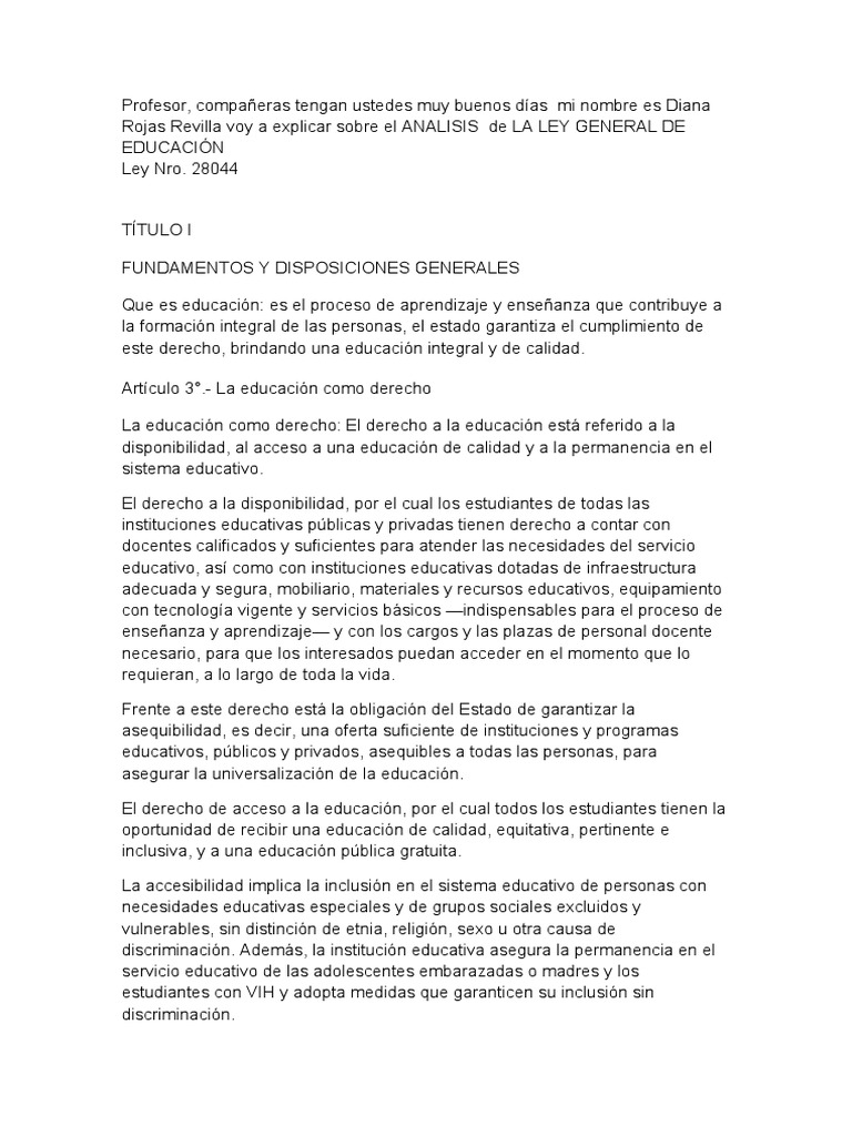 Análisis de la Ley 28044 de Educación | PDF | Educación primaria ...