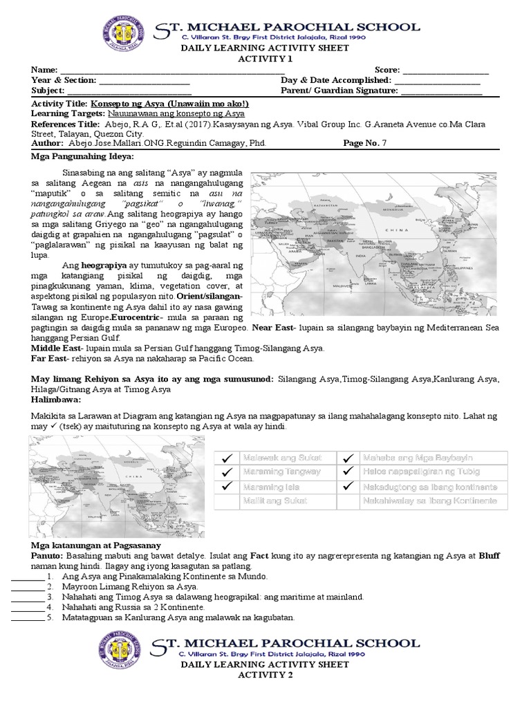 Daily Learning Activity Sheet A.P 7 1ST Week | PDF