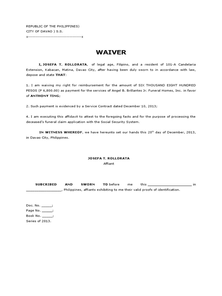 Waiver: I, JOSEFA T. ROLLORATA, of Legal Age, Filipino, and A Resident ...
