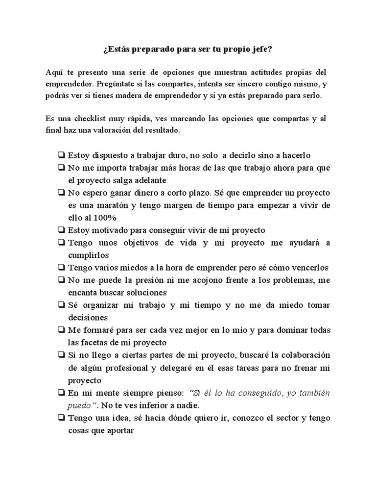 Checklist para ser tu propio jefe | PDF | Crecimiento personal y ...