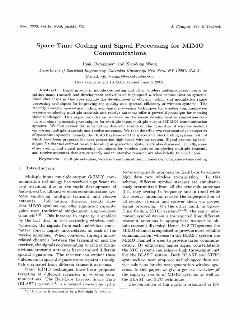 Space-Time Coding and Signal Processing For MIMO Communications | PDF ...
