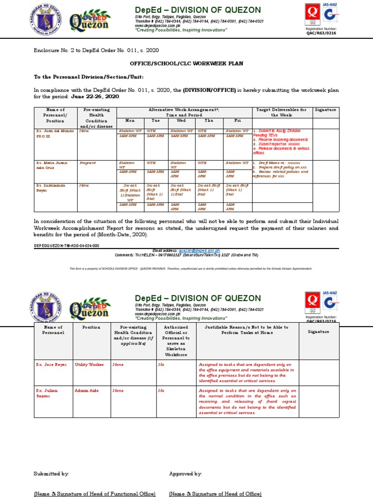 DepEd Quezon Workweek Plan Template | PDF | Government | Social ...