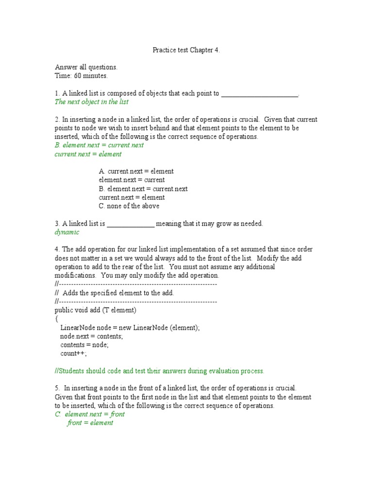 Linked List Concepts and Operations Test | PDF | Array Data Structure ...