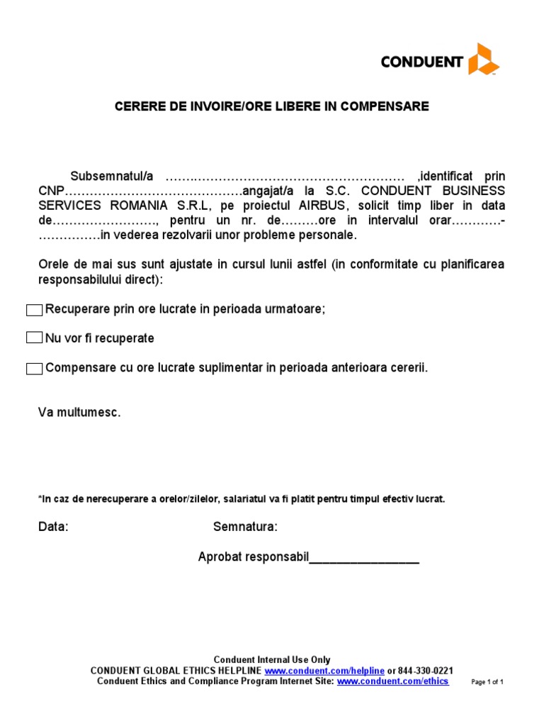 Cerere de Invoire - Ore Libere in Compensare | PDF