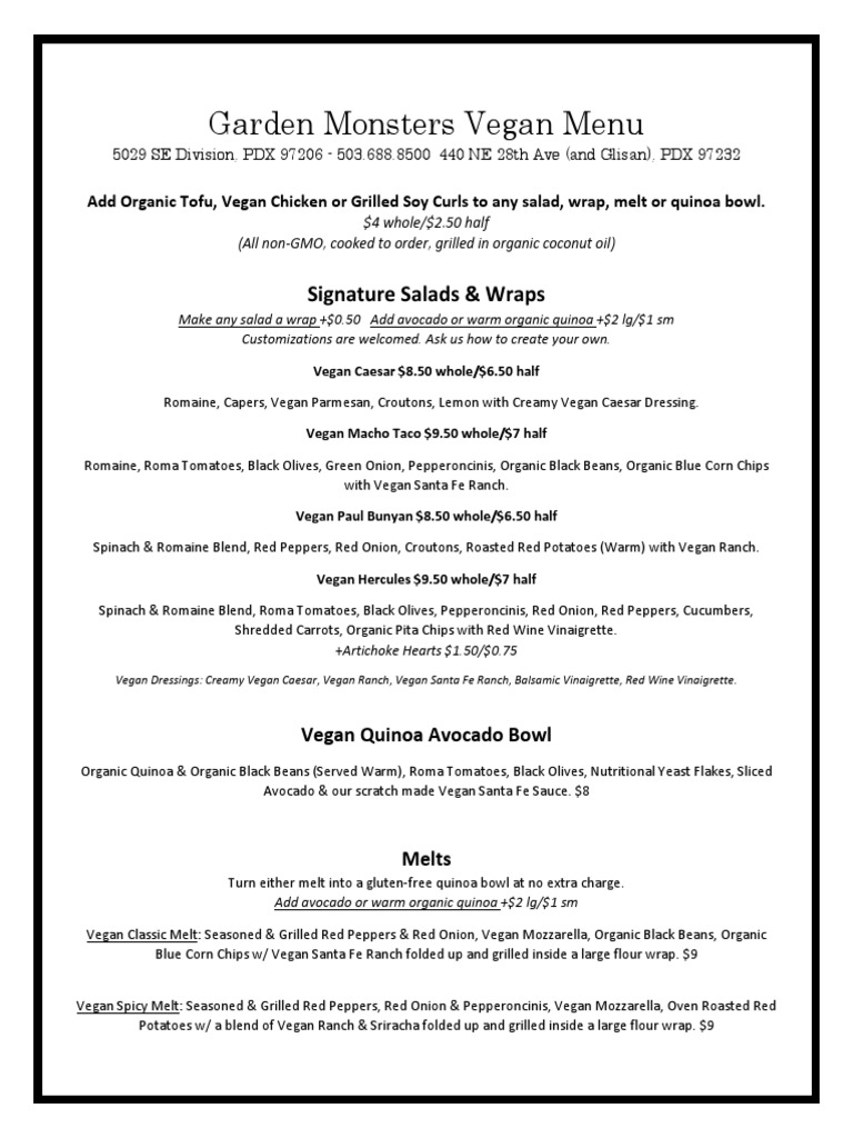 Garden Monsters Vegan Menu: Signature Salads &amp; Wraps | PDF | Salad ...