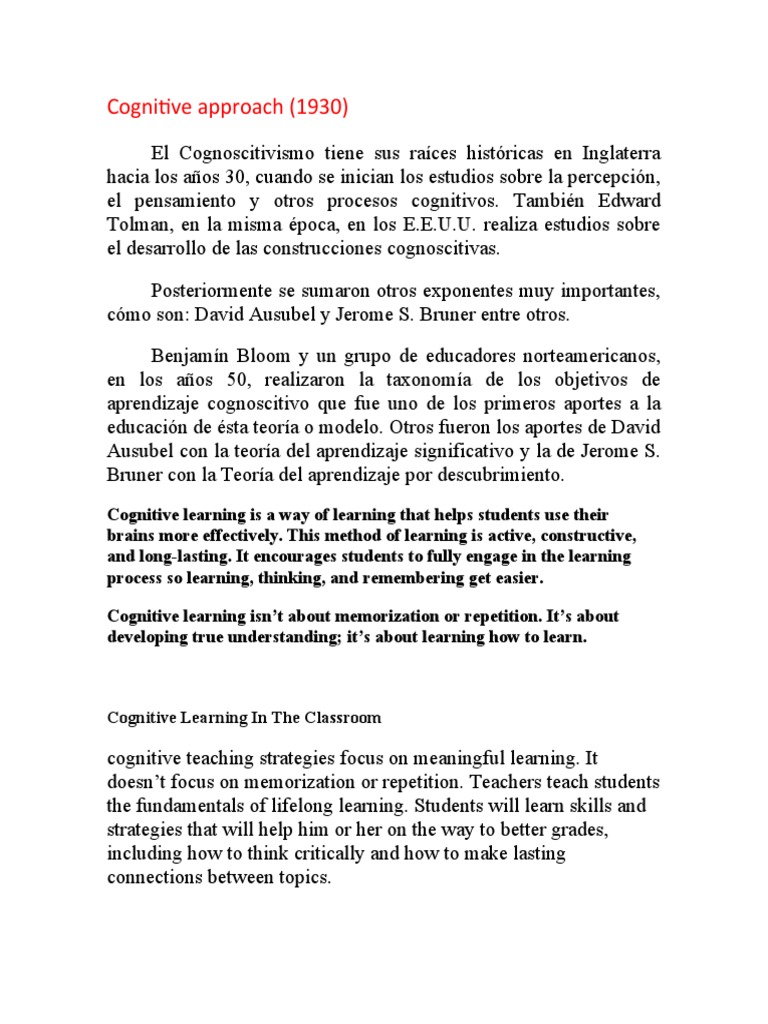 Cognitive Approach (1930) : Cognitive Learning in The Classroom | PDF ...