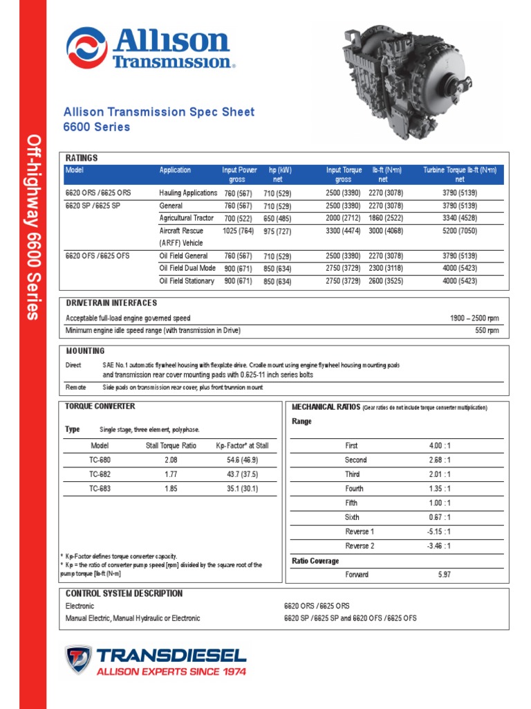 Allison Transmission Spec Sheet 6600 Series: Ratings | PDF ...