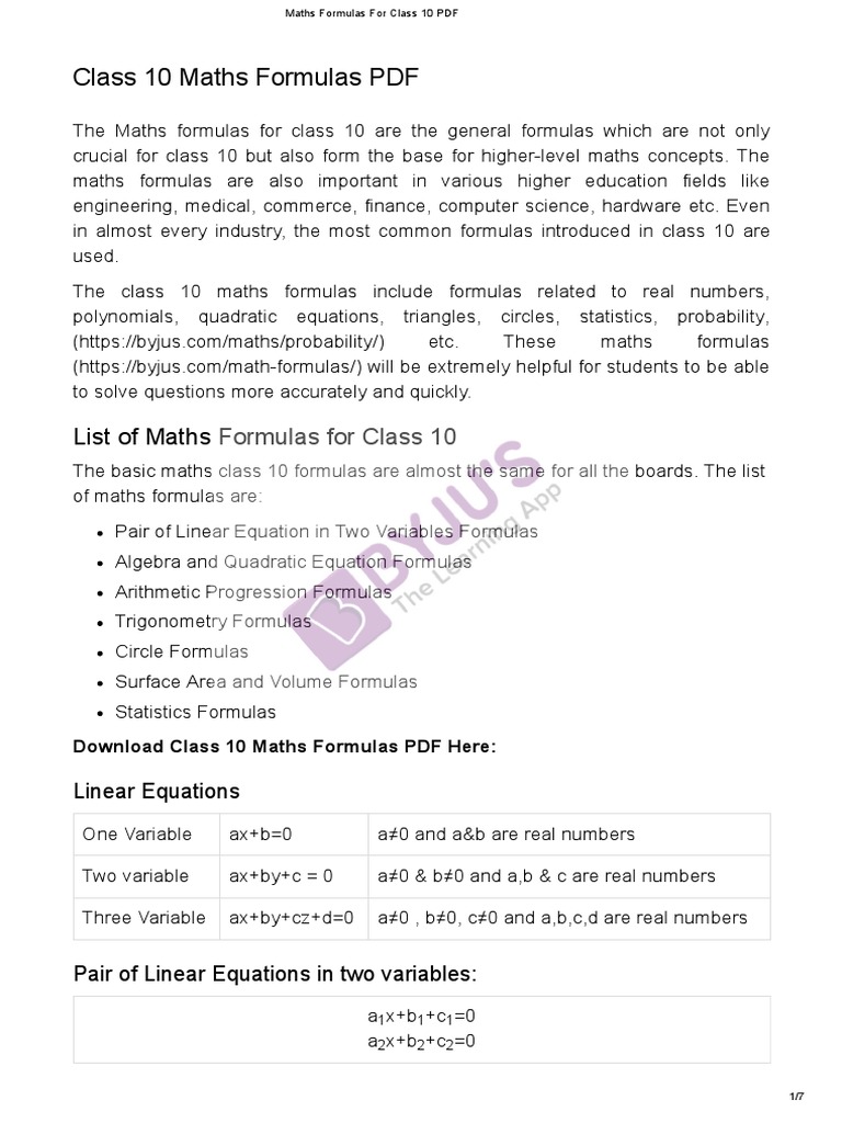 Maths Formulas For Class 10 PDF | PDF | Science & Mathematics