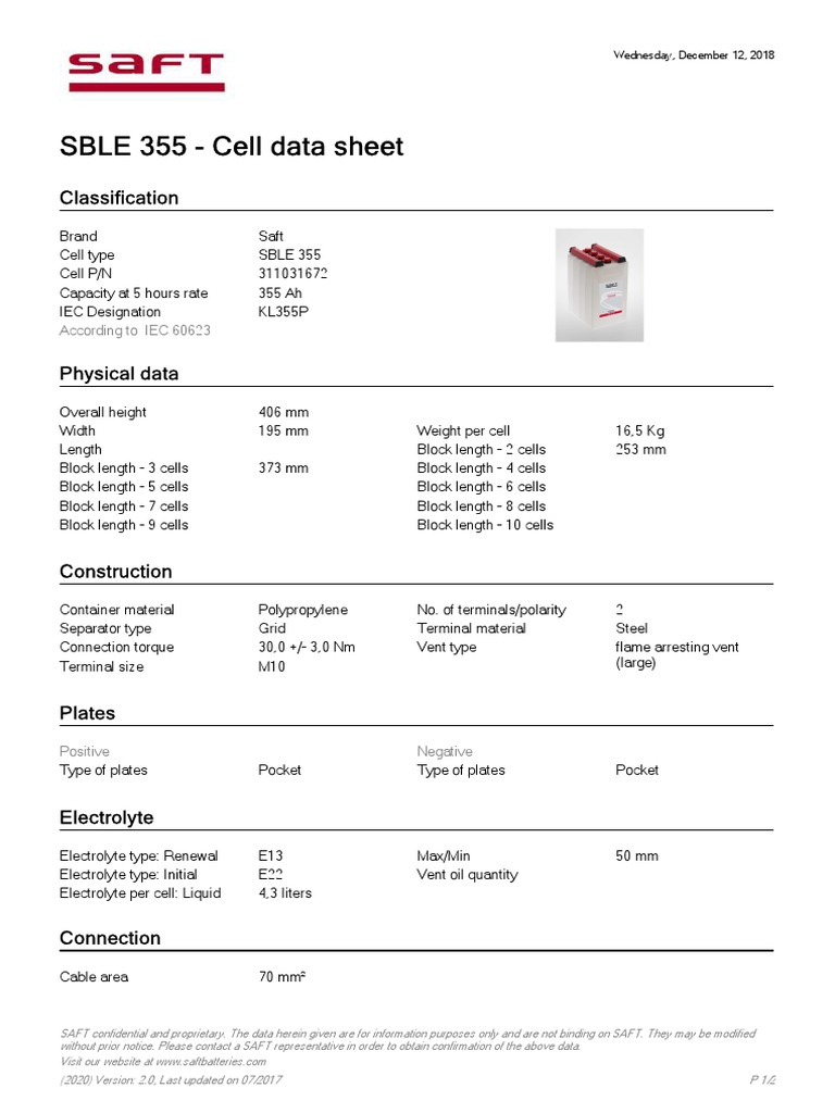 SBLE 355 Cell Data Sheet PDF Electrical Equipment Electric Power
