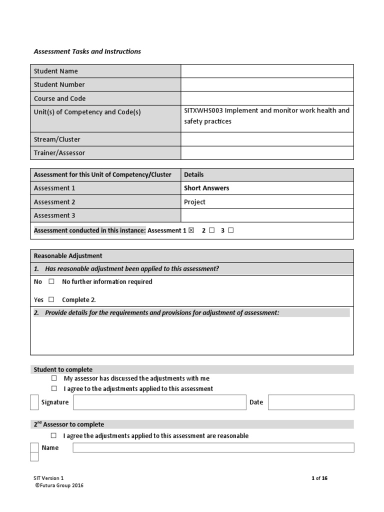 SITXWHS003 Assessment 1 - Short Answer | PDF | Occupational Safety And ...