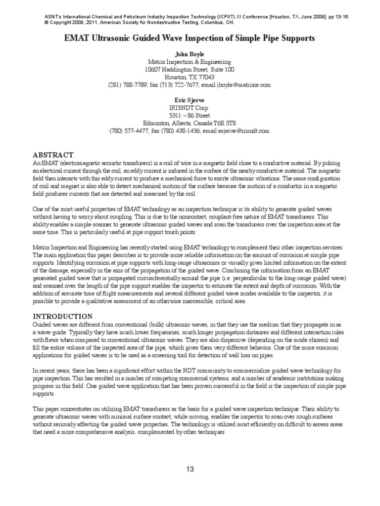 EMAT Ultrasonic Guided Wave Inspection of Simple Pipe Supports | PDF ...