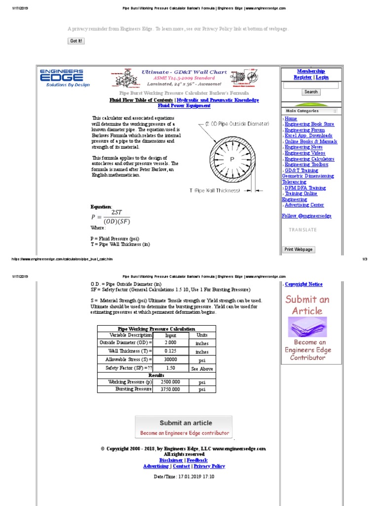 Pipe Working Pressure Barlow's Formula PDF Strength Of Materials