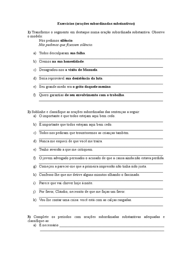 Orações Subordinadas Substantivas Reduzidas Exercícios Com Gabarito 9o Ano