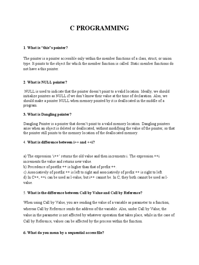 C PROGRAMMING Interview Questions | PDF | Class (Computer Programming ...