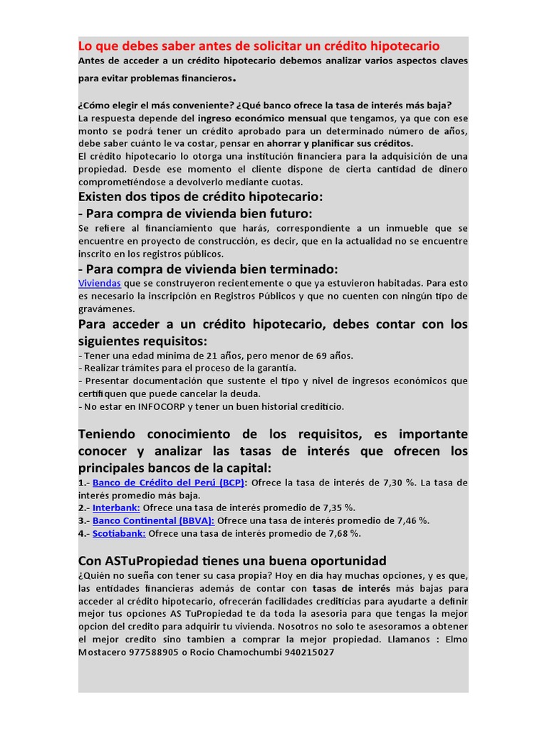 Lo Que Debes Saber Antes de Solicitar Un Crédito Hipotecario | PDF ...