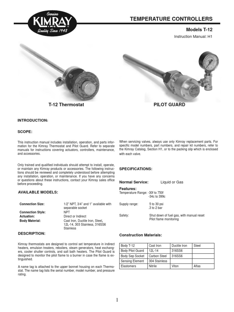 Kimray T12 (Temperature Controller) PDF Thermostat Valve