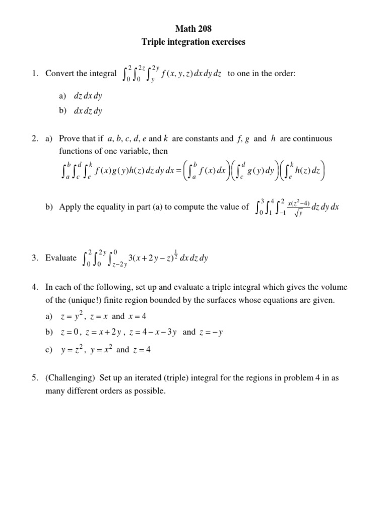 Triple Integration Exercises Integral Mathematical Relations