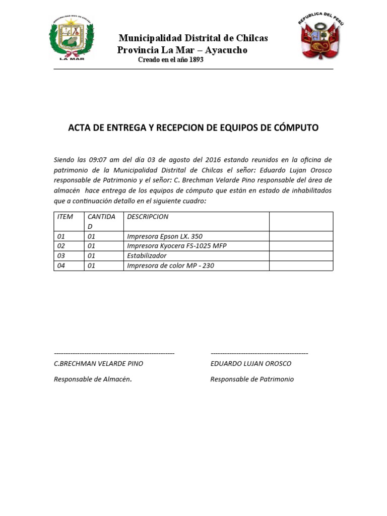 Acta de Entrega y Recepcion de Equipos de Cómputo | PDF