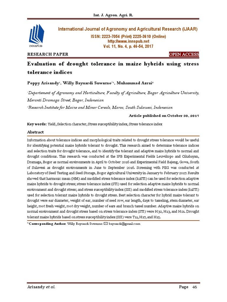 Evaluation of Drought Tolerance in Maize Hybrids Using Stress Tolerance ...