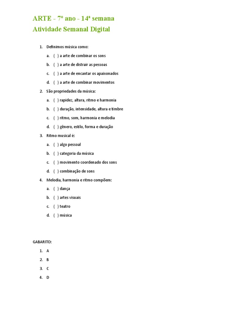 Atividades de Música - 7º Ano com Gabarito | PDF | Artes Linguísticas e ...