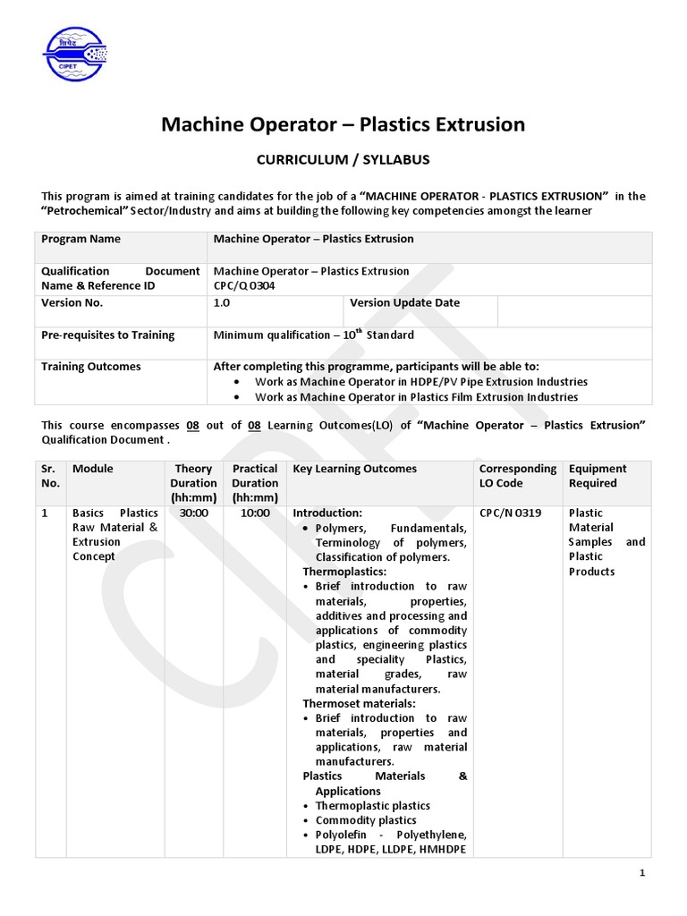 Plastics Extrusion Machine Operator Training | PDF | Extrusion | Plastic