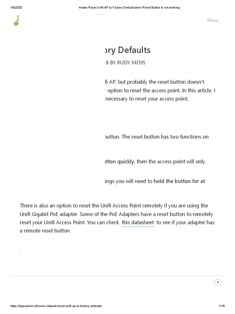 Howto Reset Unifi AP To Factory Default When Reset Button Is Not