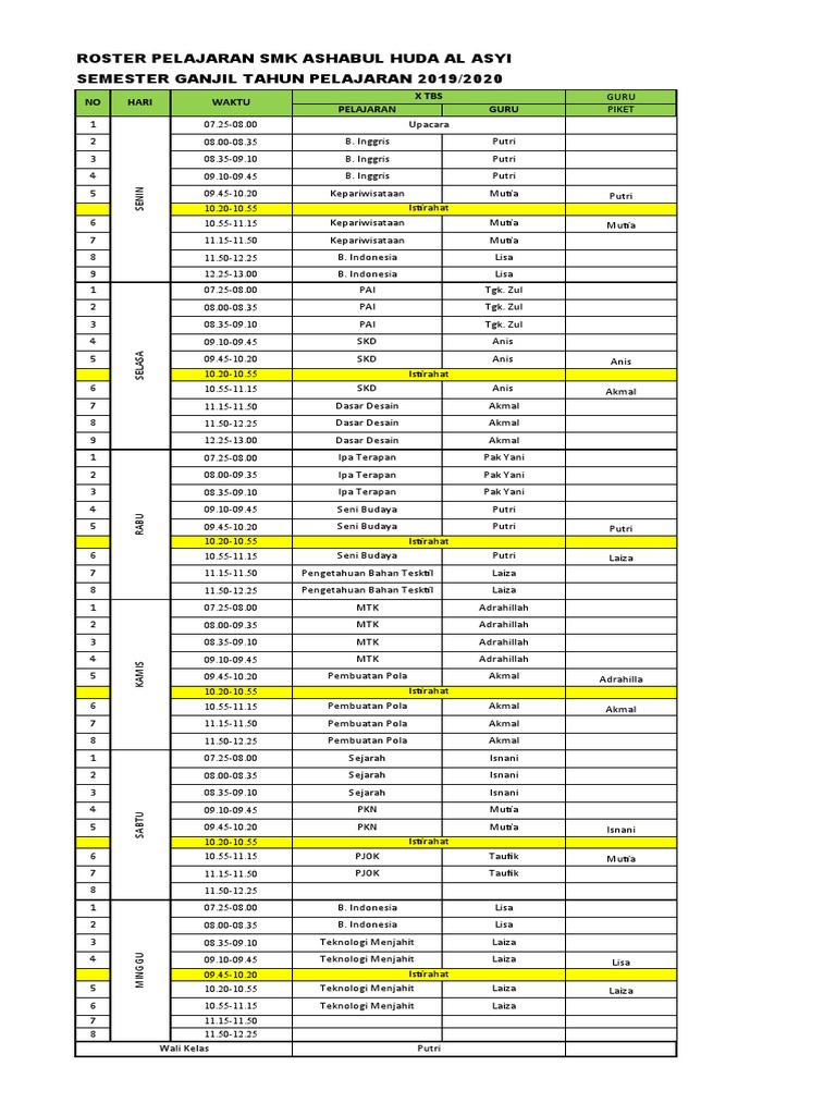 Roster Pelajaran SMK Ashabul Huda Al Asyi Semester Ganjil Tahun ...