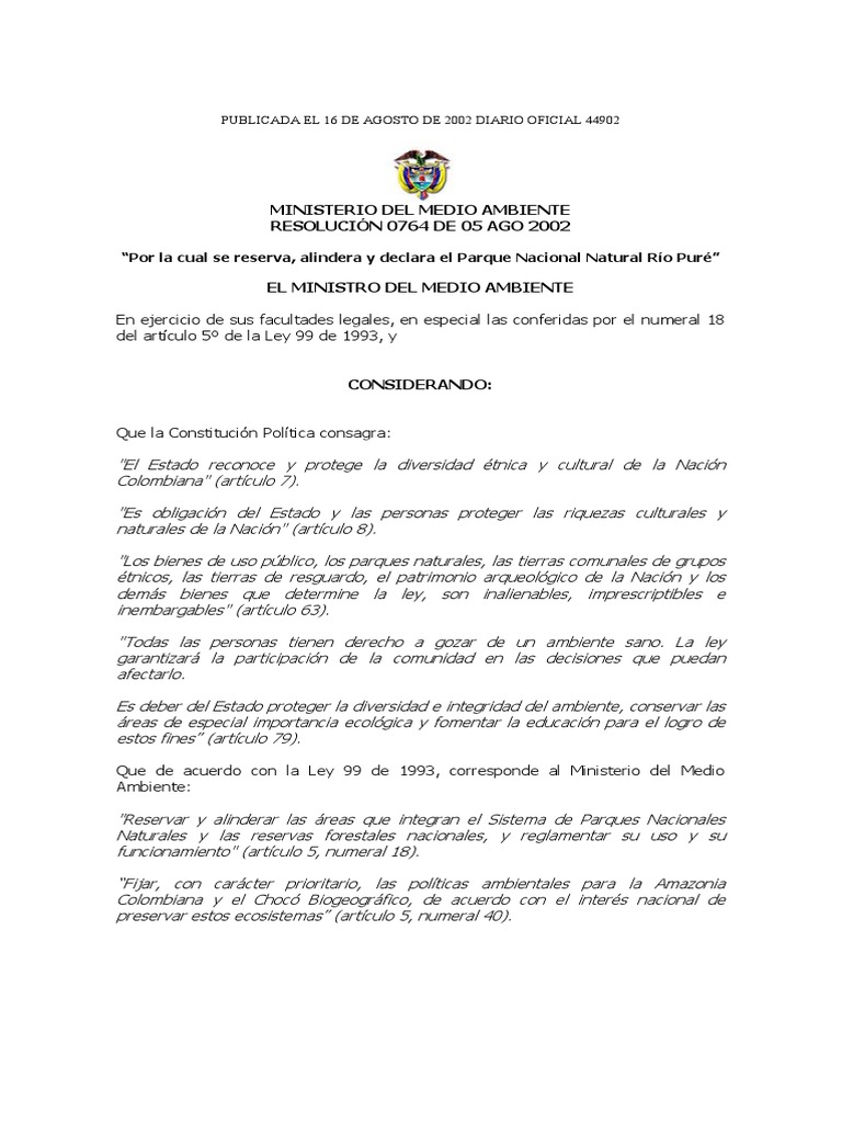 Declaración del Parque Nacional Río Puré | PDF | Colombia | Selva amazónica