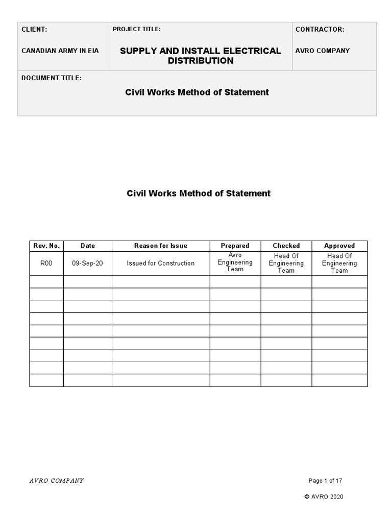 Civil Works Method Statement for Electrical Installation | PDF | Safety ...