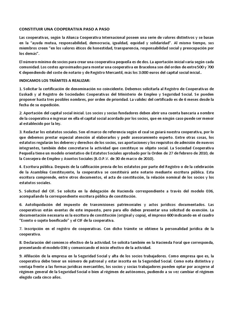 Pasos para constituir una cooperativa | PDF | Cooperativa | Sociedad de ...