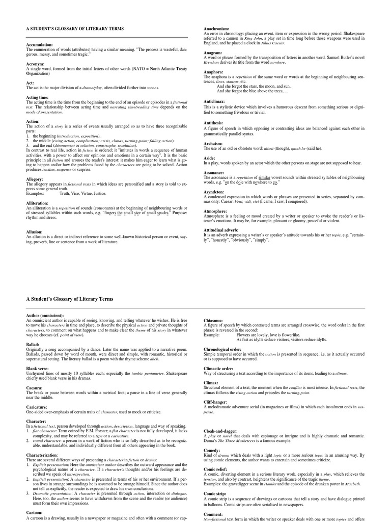 Literary Terms Glossary for Students | PDF | Classics | General Fiction