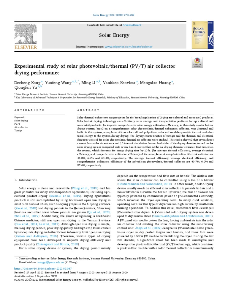 Experimental Study of Solar Photovoltaic Thermal PV T Air Co - 2020 ...
