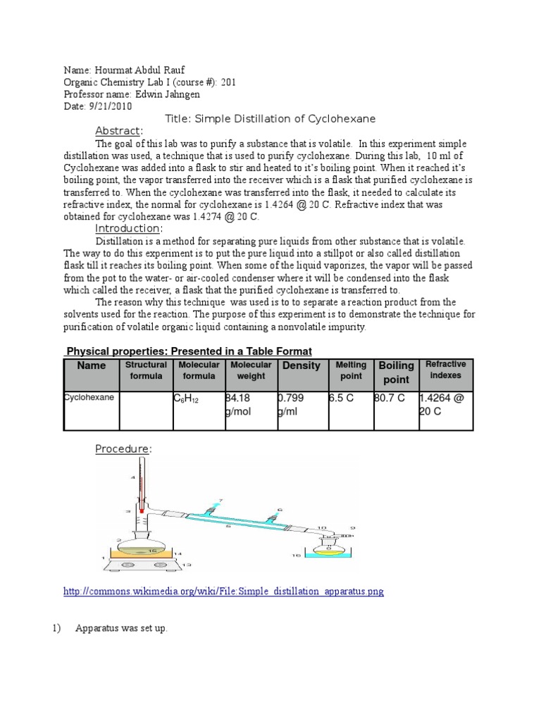 lab report 1 Distillation Physical Sciences