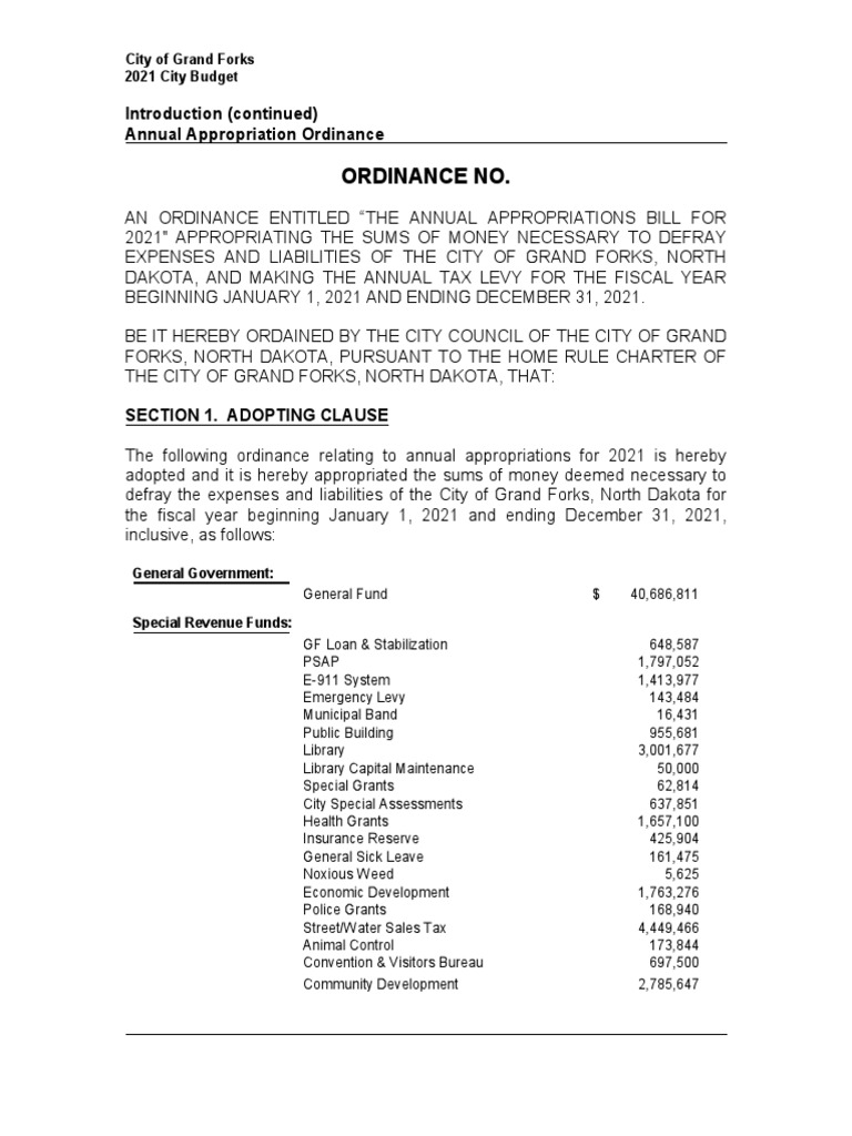 Sept. 14 Grand Forks 2021 Budget Ordinance PDF Appropriation (Law