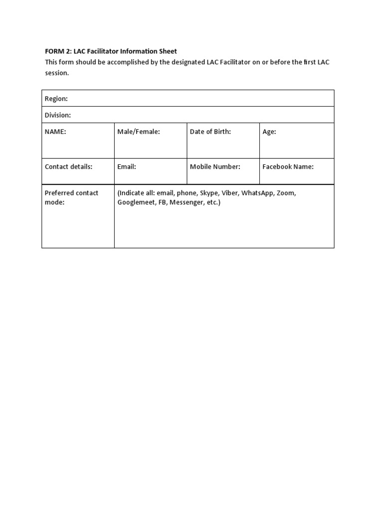 LAC Facilitator Info Sheet Form | PDF | Career & Growth | Social Science