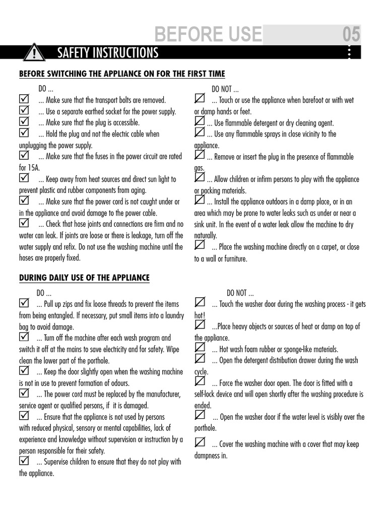 05 Before Use: Safety Instructions | PDF | Washing Machine | Ac Power ...