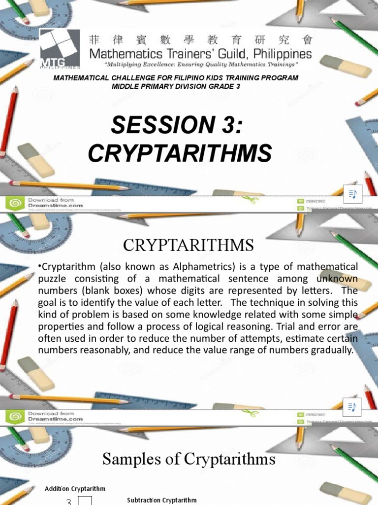 An example document on how to solve various types of cryptarithm