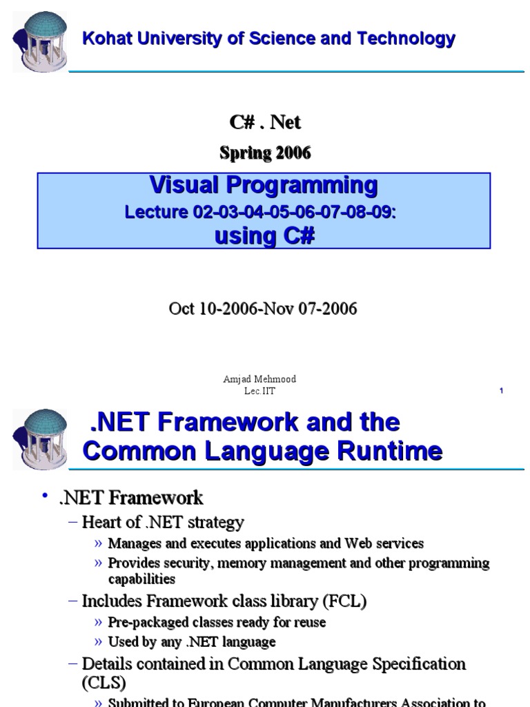 LECTUR#01 Visualprogramming31-10-2006 | PDF | C Sharp (Programming ...