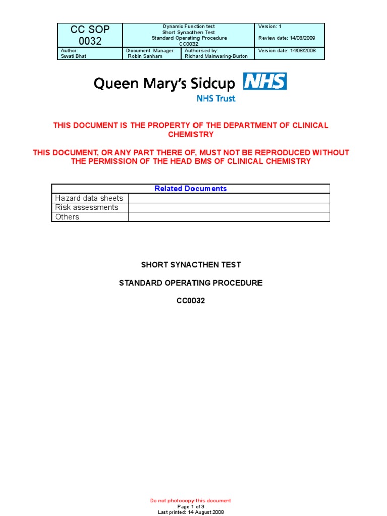 Short Synacthen Test 2 PDF Adrenal Gland Hormone