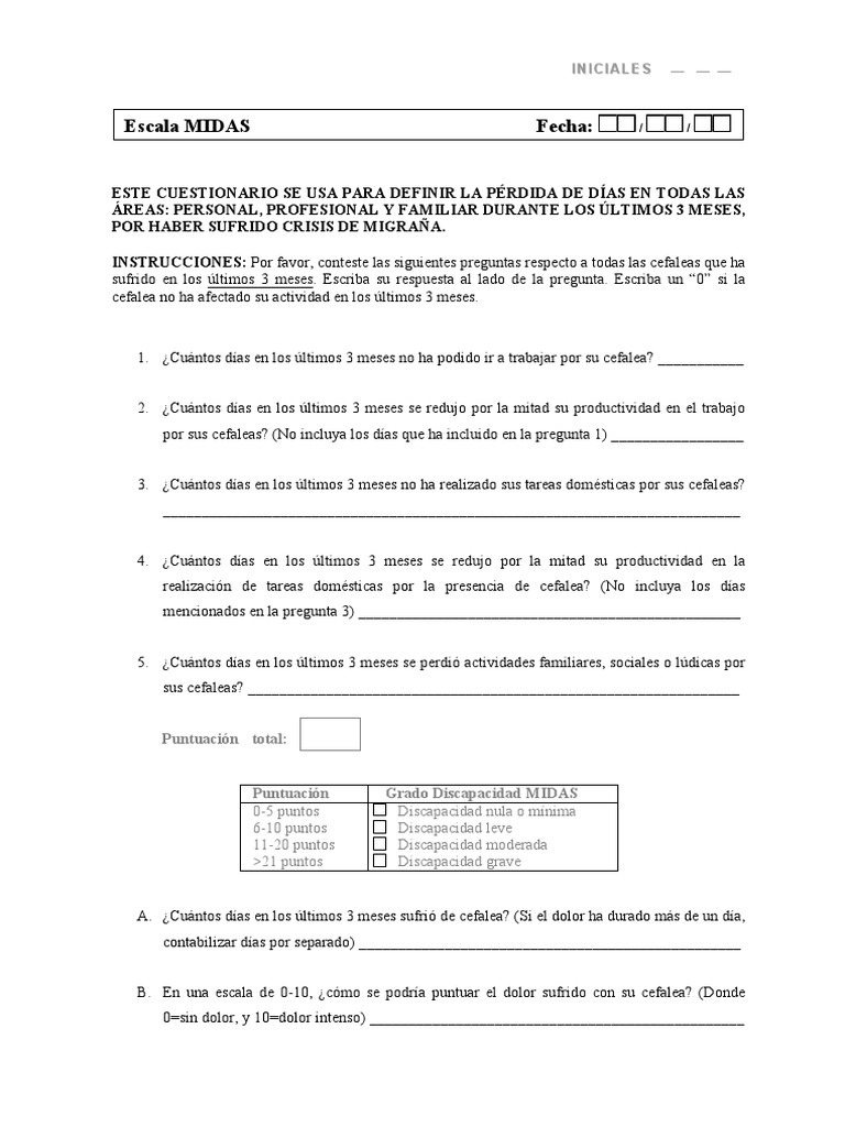 Cuestionario MIDAS para Migrañas | PDF | Relaciones personales, crianza ...